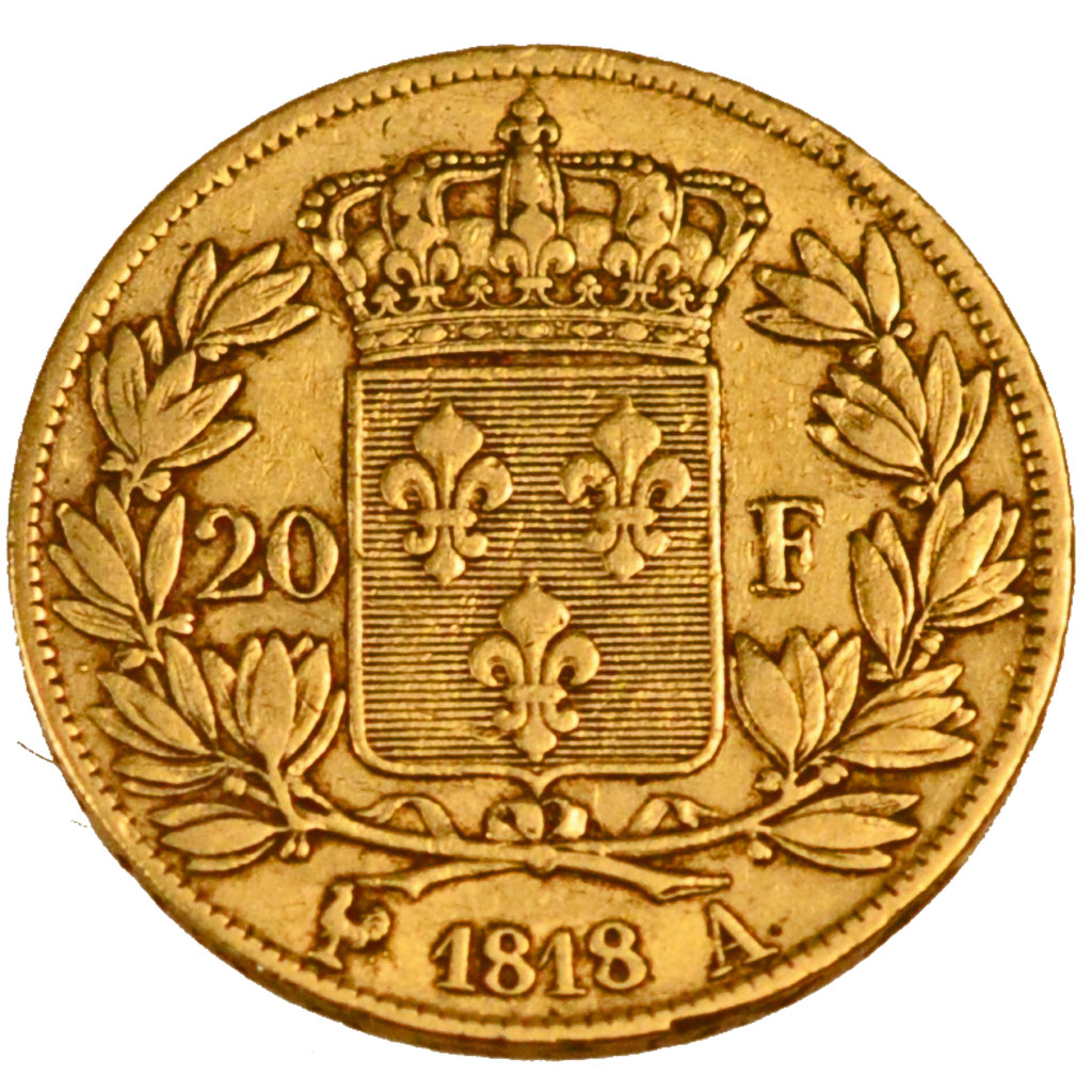 FRANCE, Louis XVIII, 20 Francs, 1818, Paris, KM #712.1, EF(40-45), Gold,...