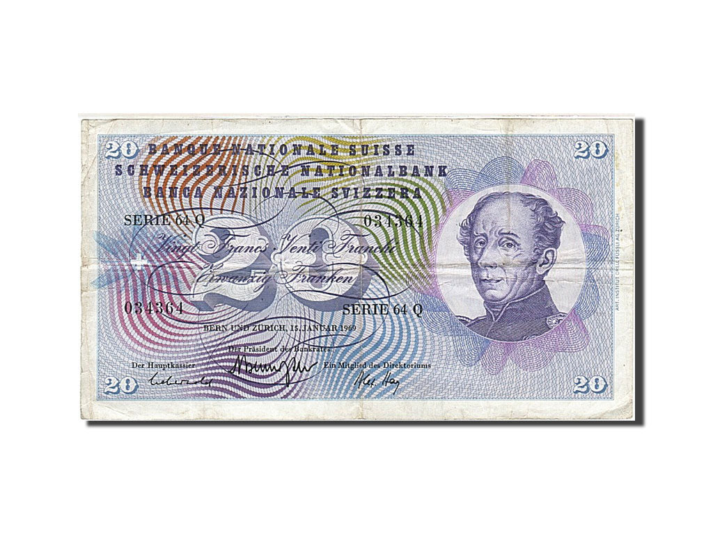 Switzerland, 20 Franken, 1954-1961, KM:46q, 1969-01-15, VF(20-25)