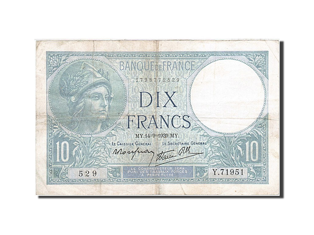 France, 10 Francs, 1915, KM:84, 1939-09-14, VF(20-25), Fayette:7.7