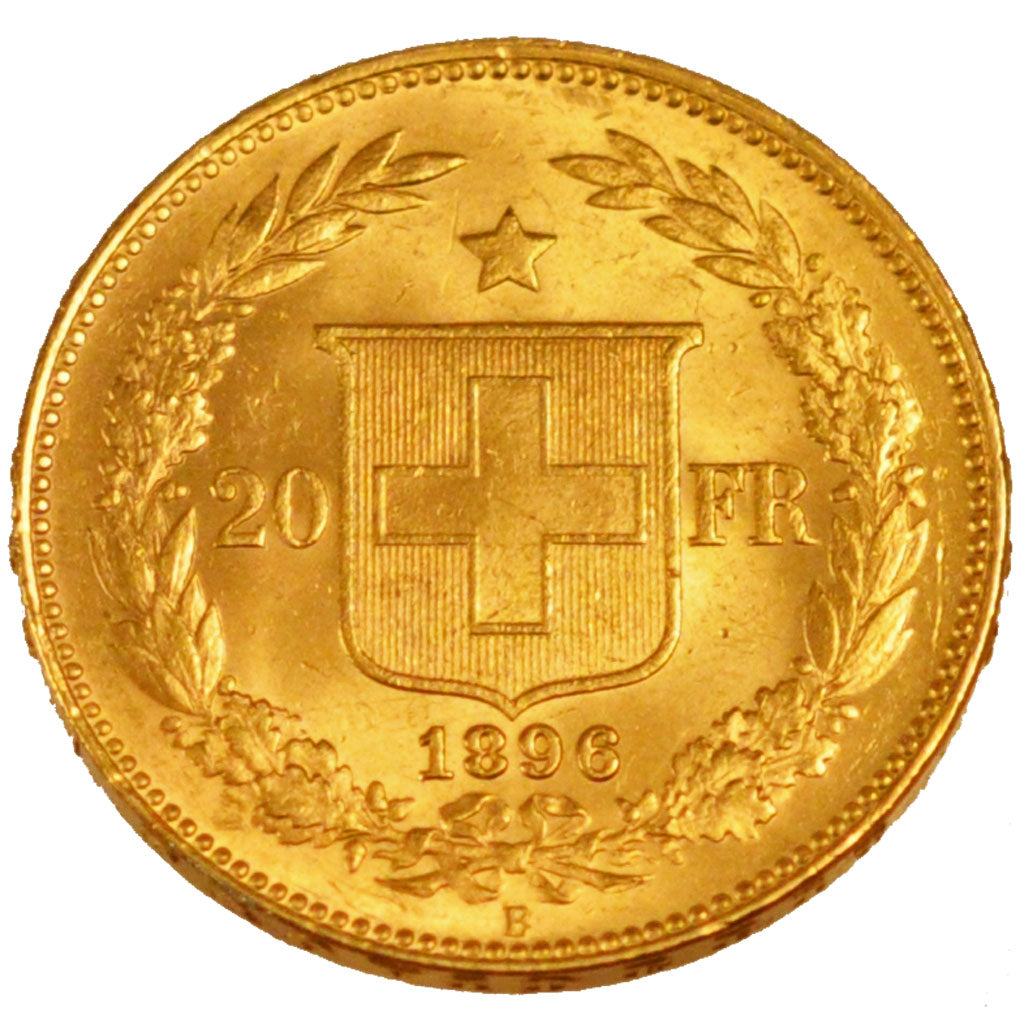 SWITZERLAND, 20 Francs, 1896, Bern, KM #31.3, AU(55-58), Gold, 6.44