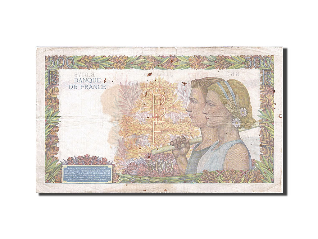 France, 500 Francs, 1939, KM:95b, 1942-07-23, VF(20-25), Fayette:32.38