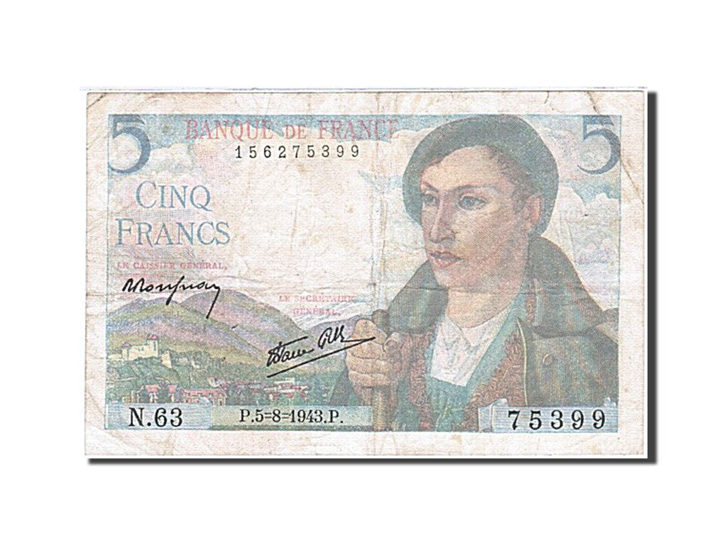 Banknote, France, 5 Francs, 1943, 1943-08-05, VF(30-35), Fayette:5.3, KM:98a