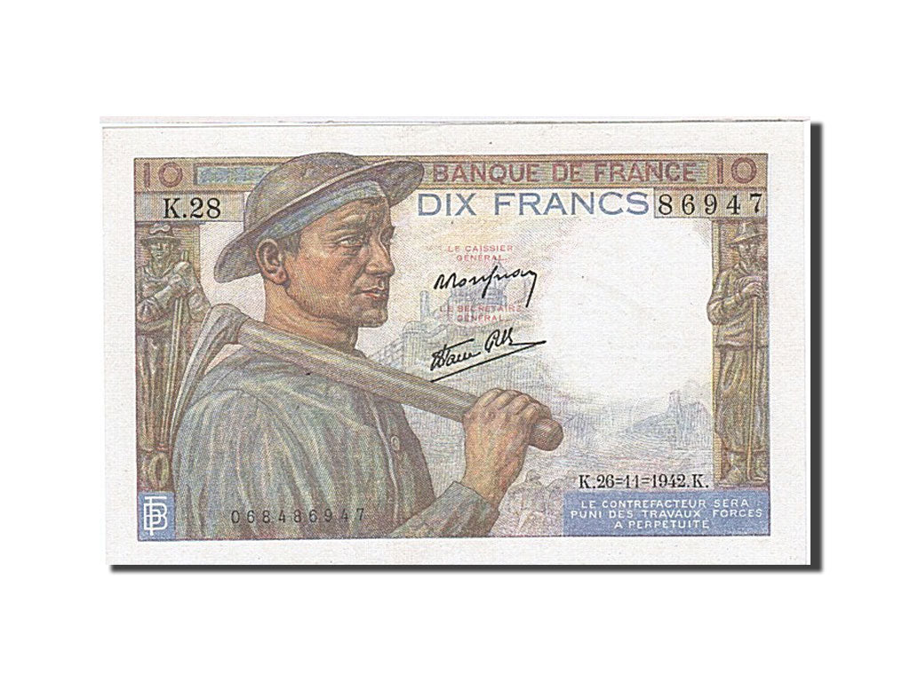 France, 10 Francs, 1941, KM:99e, 1942-11-26, AU(55-58), Fayette:8.6