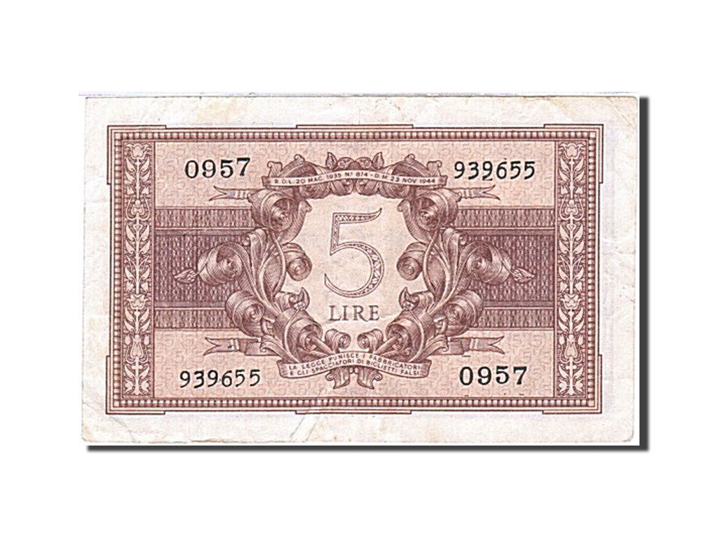Banknote, Italy, 5 Lire, 1944, 1944-11-23, KM:31c, VF(30-35)
