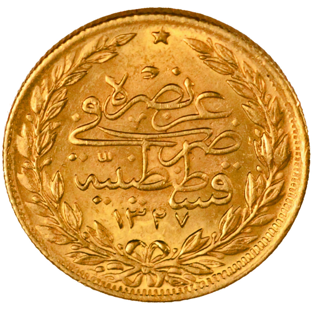 TURKEY, 100 Kurush, 1914, Qustantiniyah, KM #754, AU(55-58), Gold, 7.21