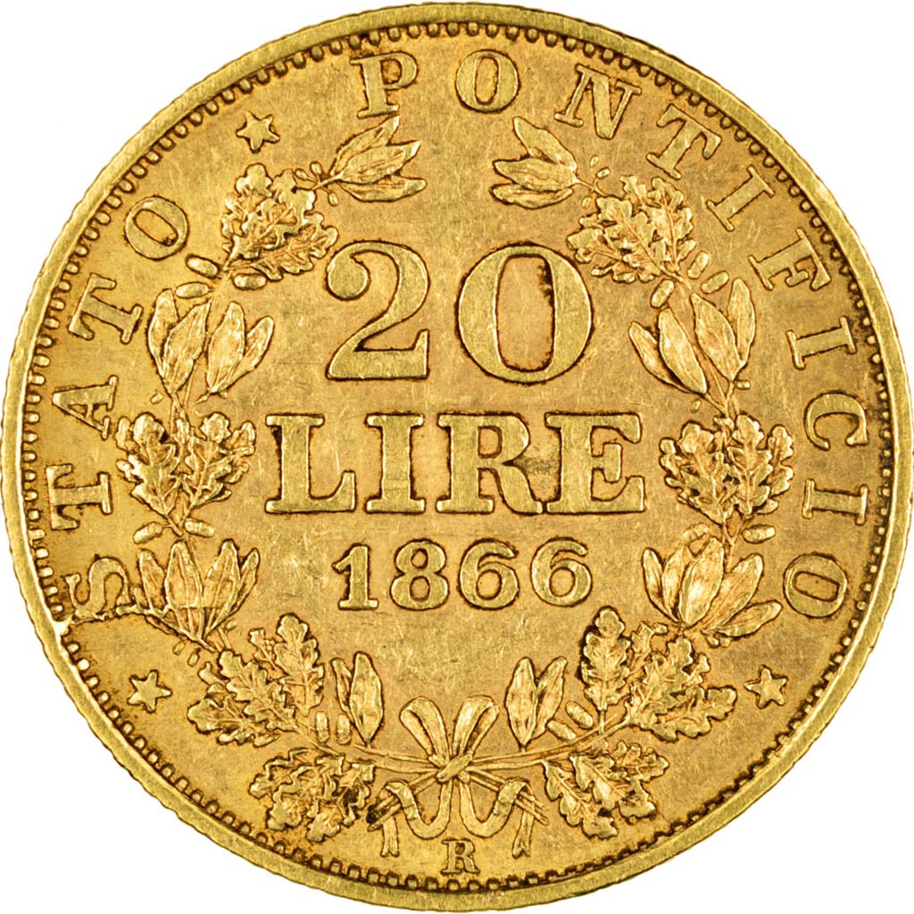 ITALIAN STATES, 20 Lire, 1866, Roma, KM #1382.2, AU(50-53), Gold, 6.45