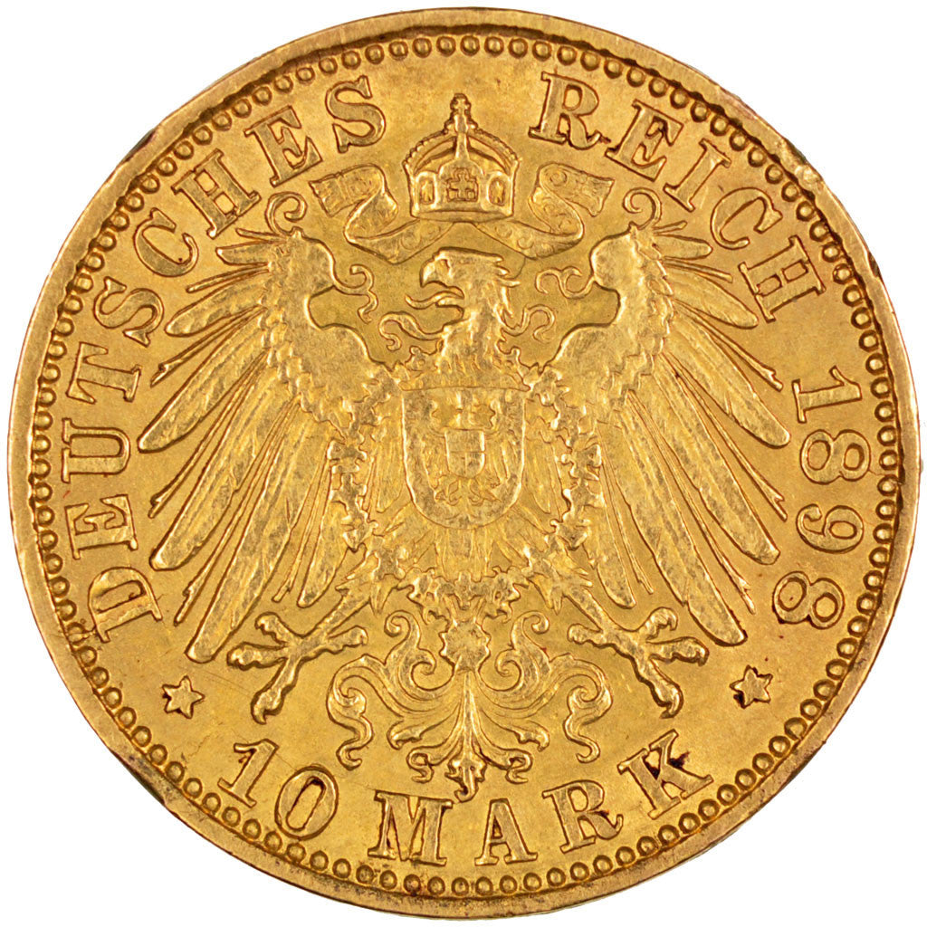 GERMAN STATES, 10 Mark, 1898, Stuttgart, KM #267, EF(40-45), Gold, 3.97