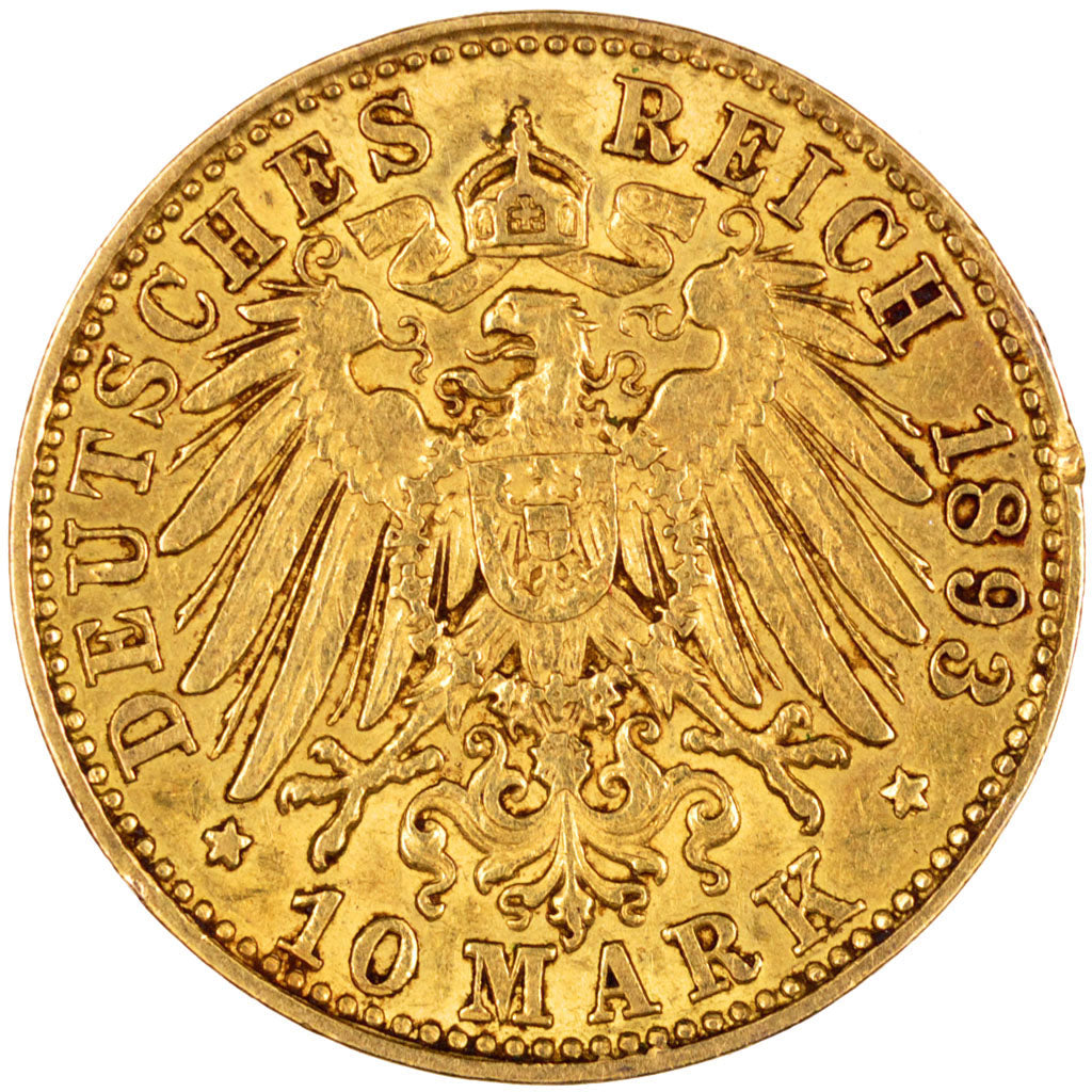 Germany, 10 Mark, 1893, Hambourg, KM #292, EF(40-45), Gold, 3.95