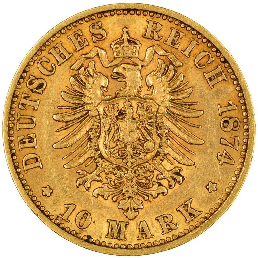 GERMAN STATES, 10 Mark, 1874, Bayreuth, KM #504, EF(40-45), Gold, 3.95