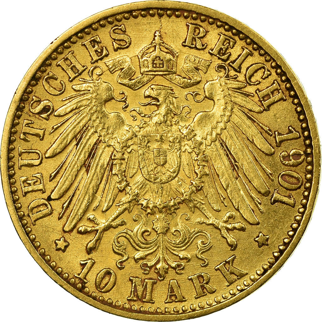 Coin, German States, BADEN, Friedrich I, 10 Mark, 1901, Stuttgart, EF(40-45)