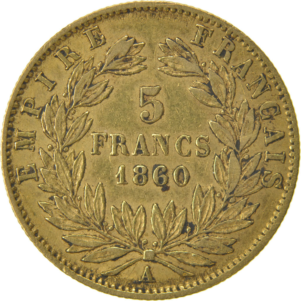 FRANCE, Napoléon III, 5 Francs, 1860, Paris, KM #787.1, EF(40-45), Gold, 16.7, G