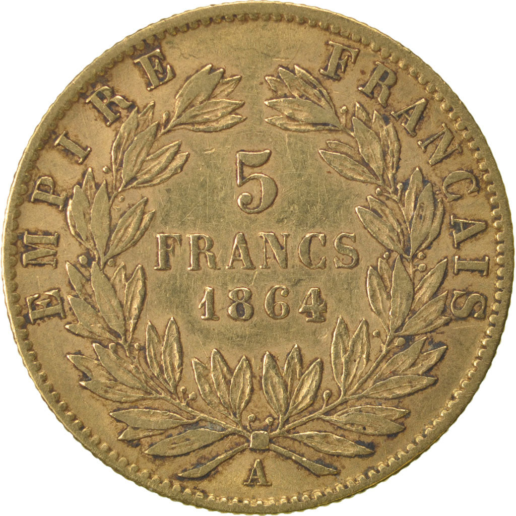 FRANCE, Napoléon III, 5 Francs, 1864, Paris, KM #803.1, VF(30-35), Gold, Gadoury