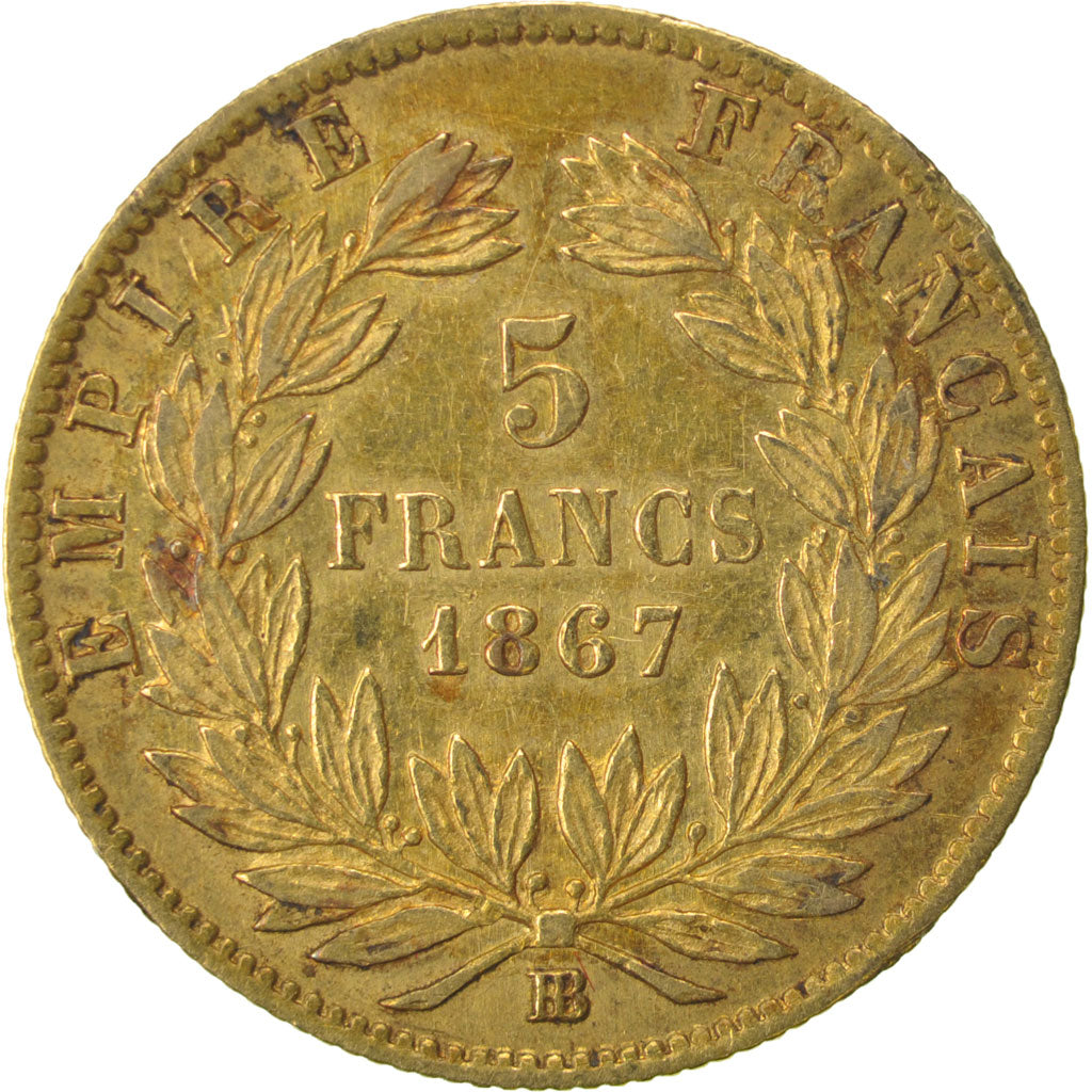 FRANCE, Napoléon III, 5 Francs, 1867, Strasbourg, KM #803.2, AU(50-53), Gold, G.