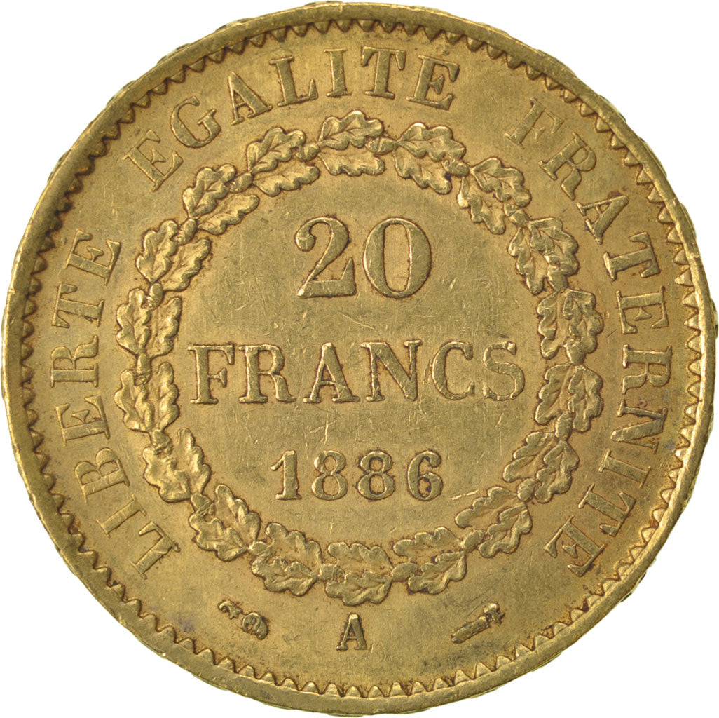 FRANCE, Génie, 20 Francs, 1886, Paris, KM #825, AU(55-58), Gold, Gadoury #1063, 