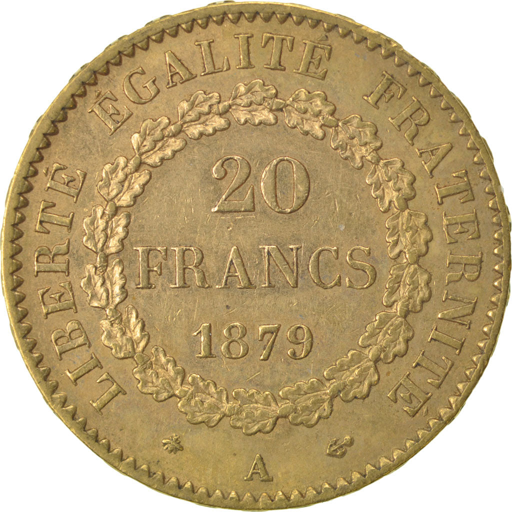 FRANCE, Génie, 20 Francs, 1879, Paris, KM #825, AU(50-53), Gold, Gadoury #1063,