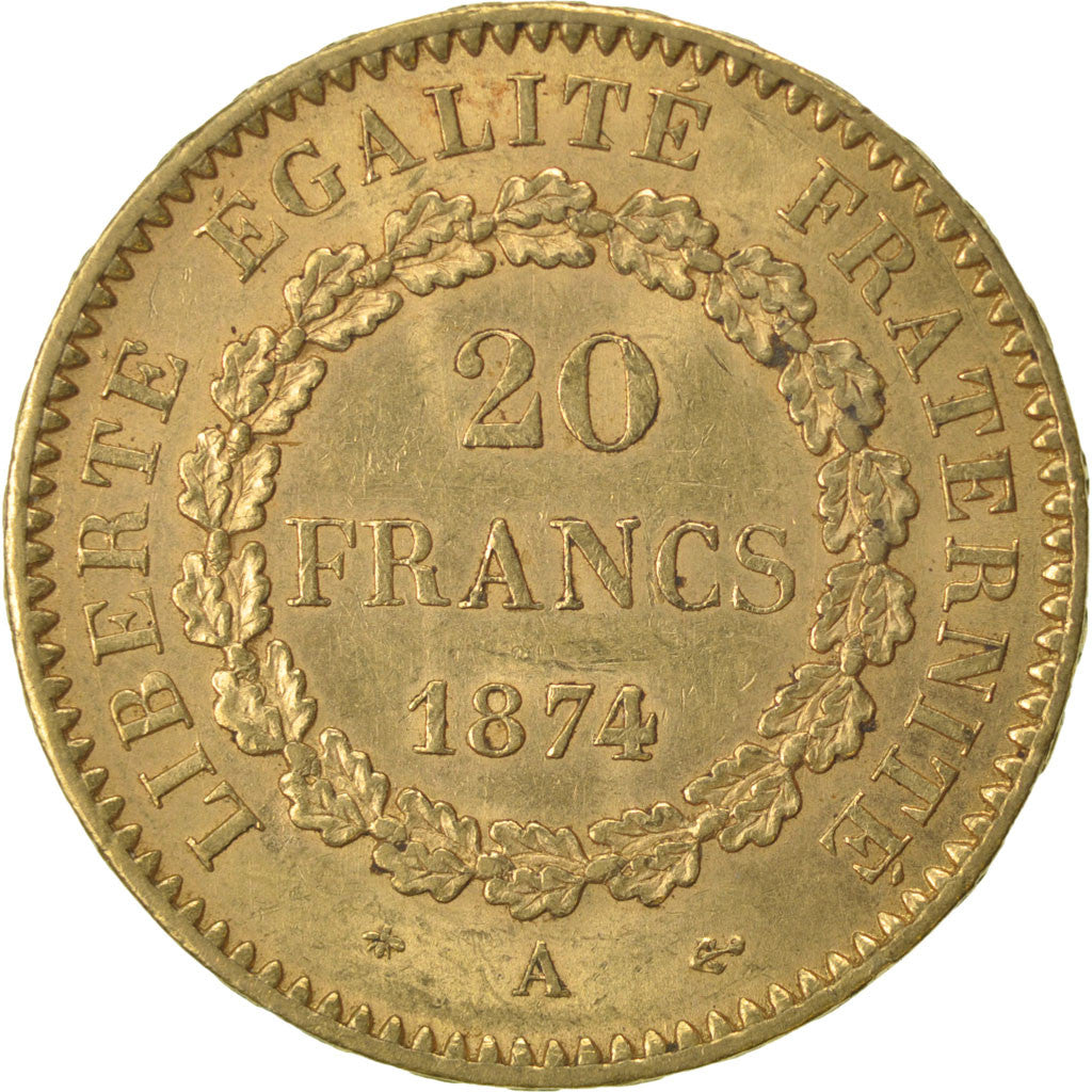FRANCE, Génie, 20 Francs, 1874, Paris, KM #825, AU(55-58), Gold, Gadoury #1063, 