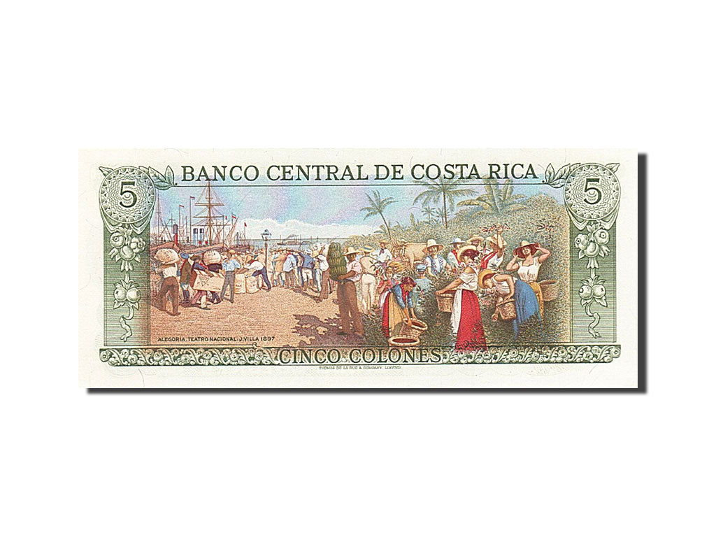 Costa Rica, 5 Colones, 1968-1972, KM:236d, 1989-10-04, UNC(65-70)