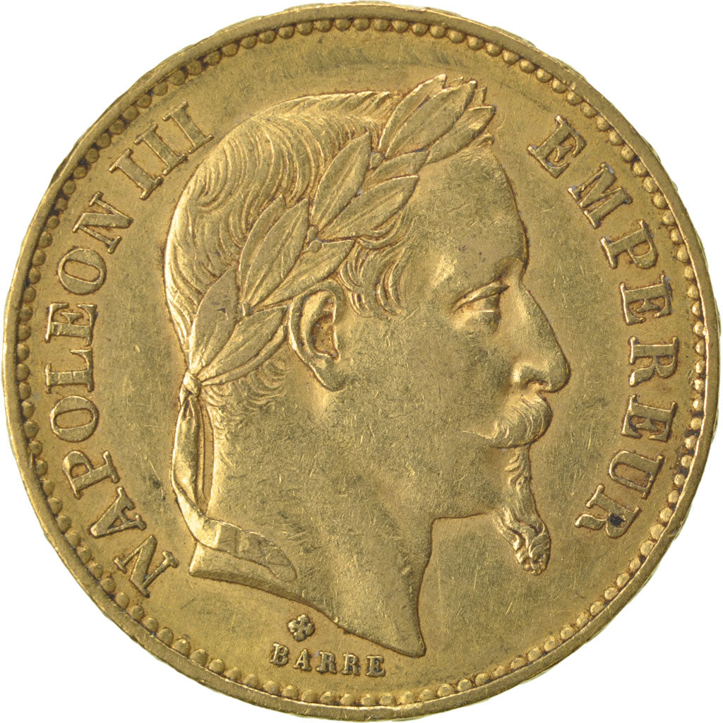 FRANCE, Napoléon III, 20 Francs, 1869, Strasbourg, KM #801.2, AU(50-53), Gold, G