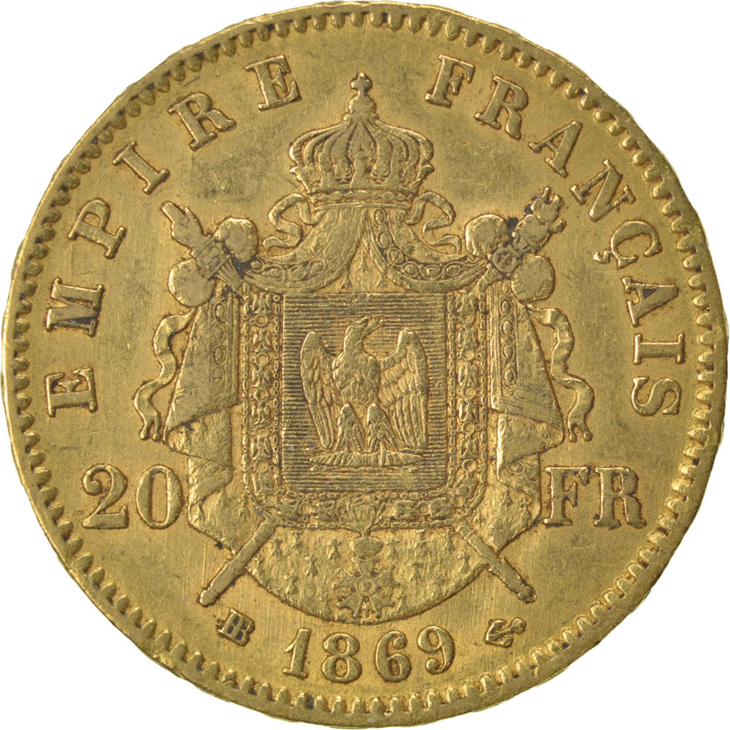 FRANCE, Napoléon III, 20 Francs, 1869, Strasbourg, KM #801.2, AU(50-53), Gold, G
