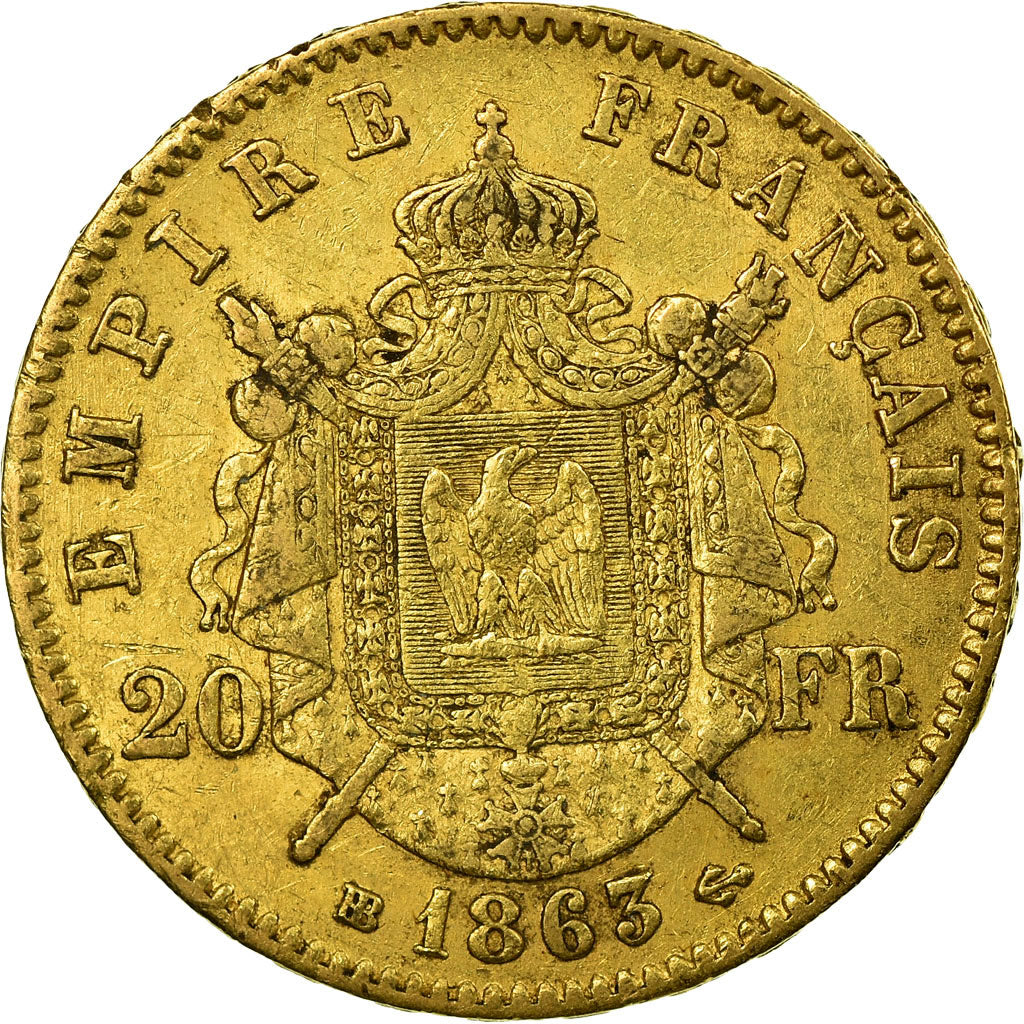 Moneda, Francia, Napoleon III, Napoléon III, 20 Francs, 1863, Strasbourg, MBC+