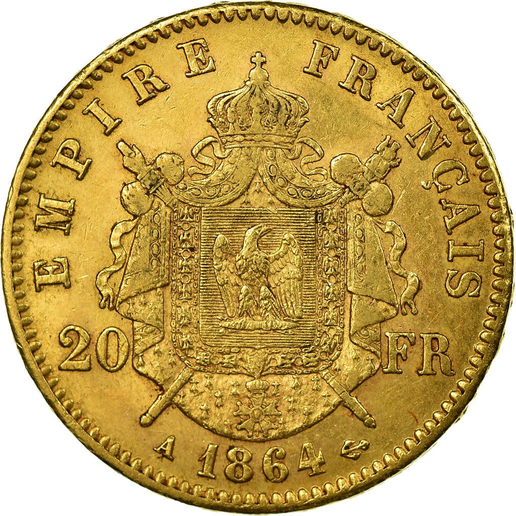 Coin, France, Napoleon III, Napoléon III, 20 Francs, 1864, Paris, AU(50-53)