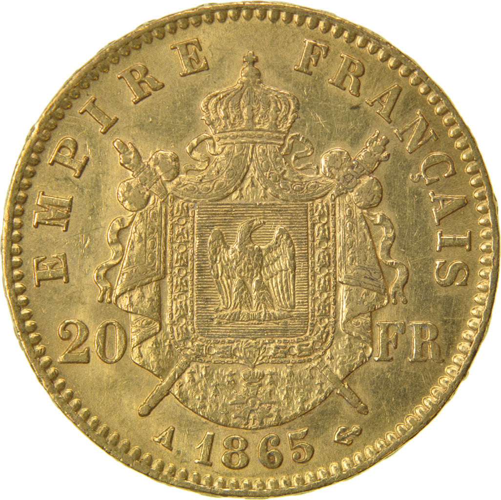 FRANCE, Napoléon III, 20 Francs, 1865, Paris, KM #801.1, AU(55-58), Gold, Gadour