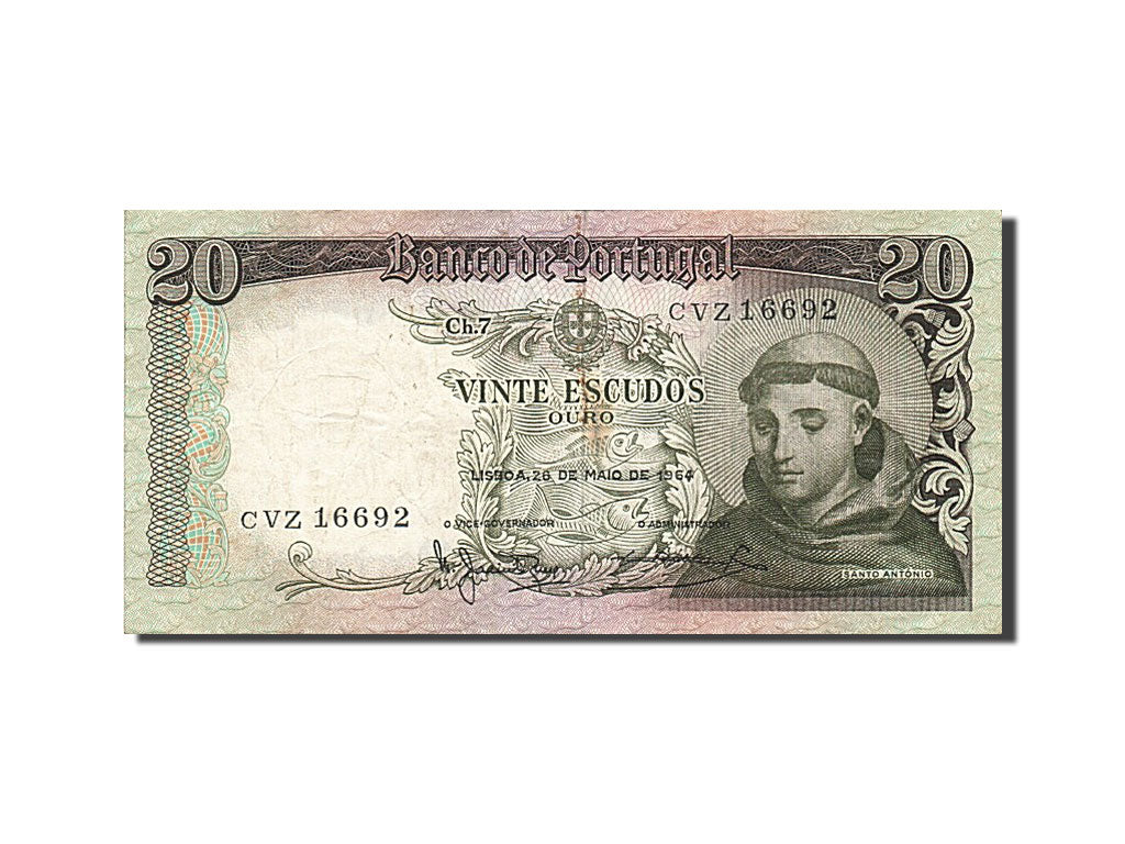 Banknote, Portugal, 20 Escudos, 1964-1966, 1964-05-26, KM:167a, EF(40-45)