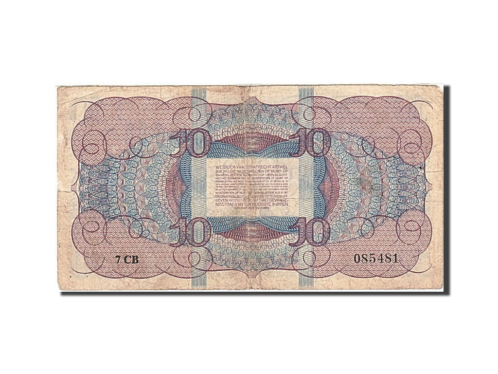 Netherlands, 10 Gulden, 1945, KM:74, 1945-05-07, VF(20-25)