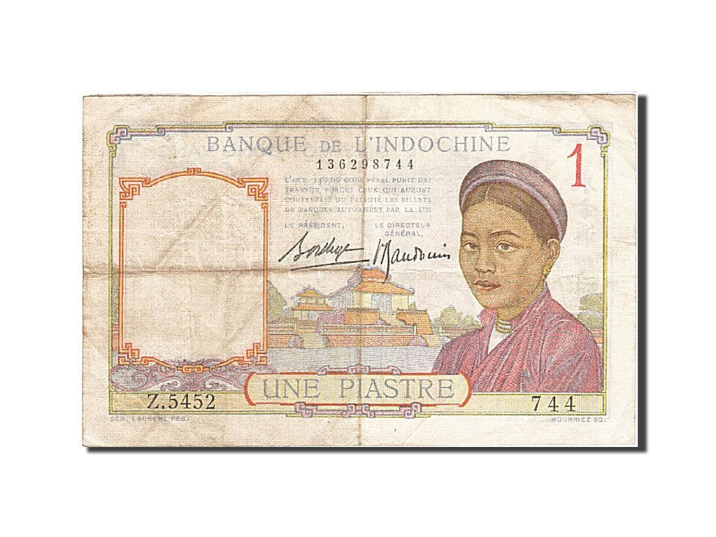 FRENCH INDO-CHINA, 1 Piastre, 1932-1939, 1936, KM:54b, VF(20-25)
