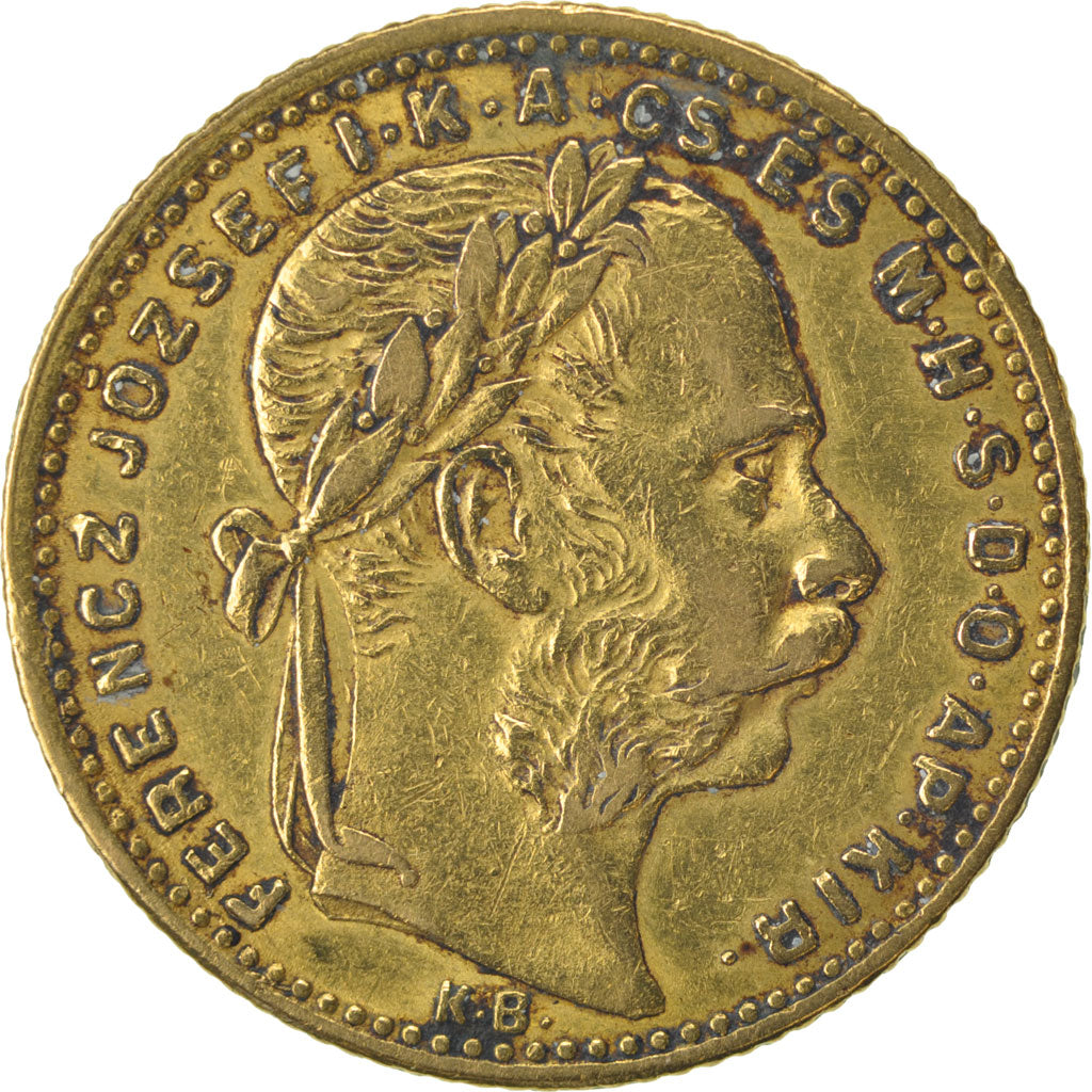 HUNGARY, 8 Forint 20 Francs, 1885, Kormoczbanya, KM #467, EF(40-45), Gold, 6.41