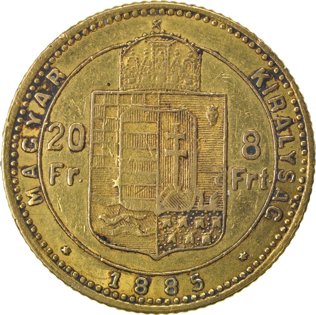 HUNGARY, 8 Forint 20 Francs, 1885, Kormoczbanya, KM #467, EF(40-45), Gold, 6.41