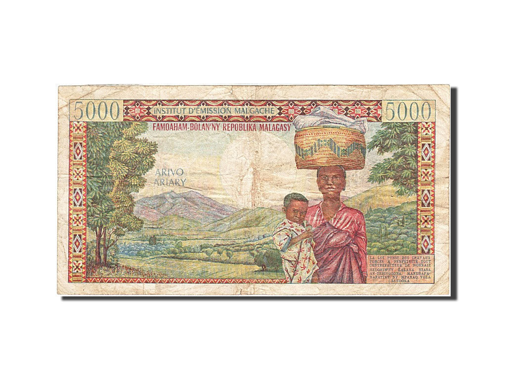 Madagascar, 5000 Francs = 1000 Ariary, 1966, KM:60a, Undated (1966), VF(20-25)