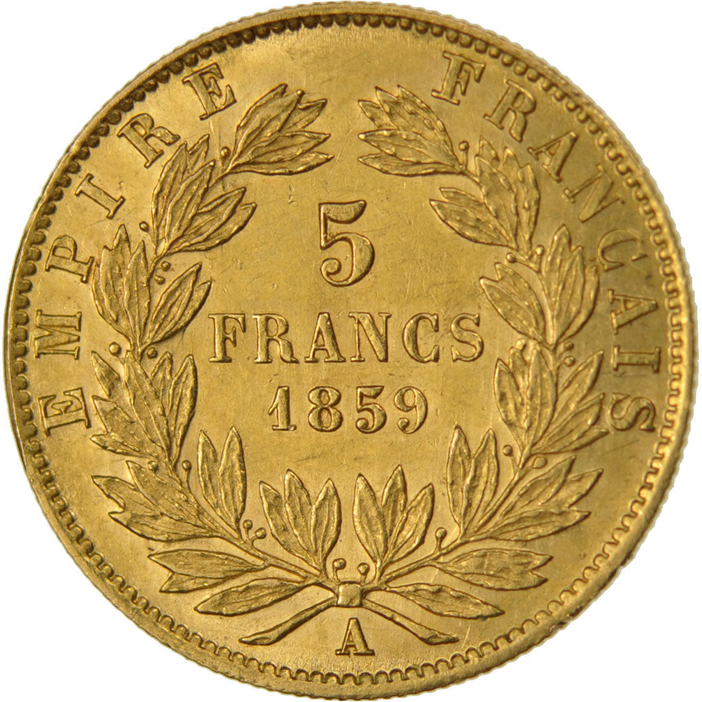FRANCE, Napoléon III, 5 Francs, 1859, Paris, KM #787.1, AU(50-53), Gold, 16.7, G