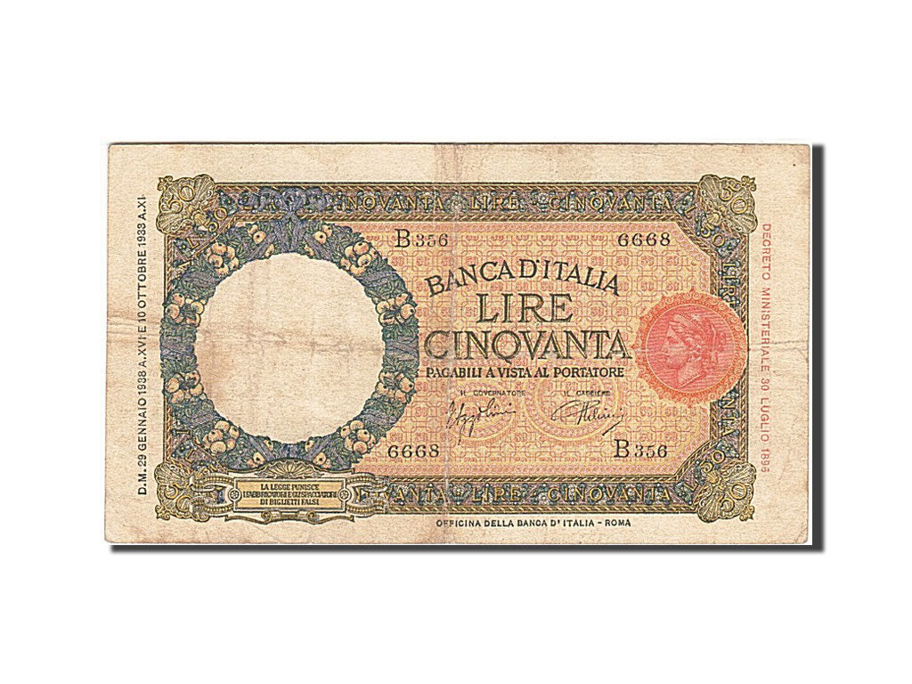Italy, 50 Lire, 1930-1933, KM:54a, 1933-10-11, VF(30-35)