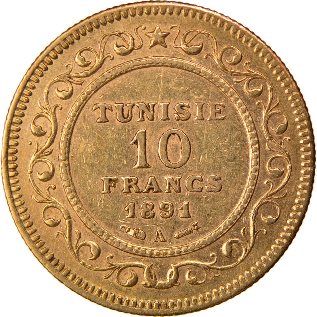 Tunisia, Ali Bey, 10 Francs, 1891, Paris, BB, Oro, KM:226