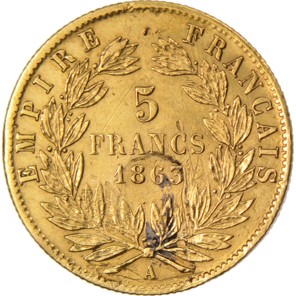 FRANCE, Napoléon III, 5 Francs, 1863, Paris, KM #803.1, EF(40-45), Gold, Gadoury