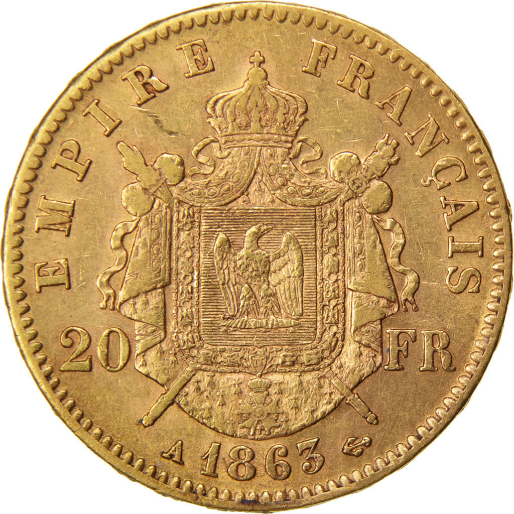 FRANCE, Napoléon III, 20 Francs, 1863, Paris, KM #801.1, AU(50-53), Gold, Gadour