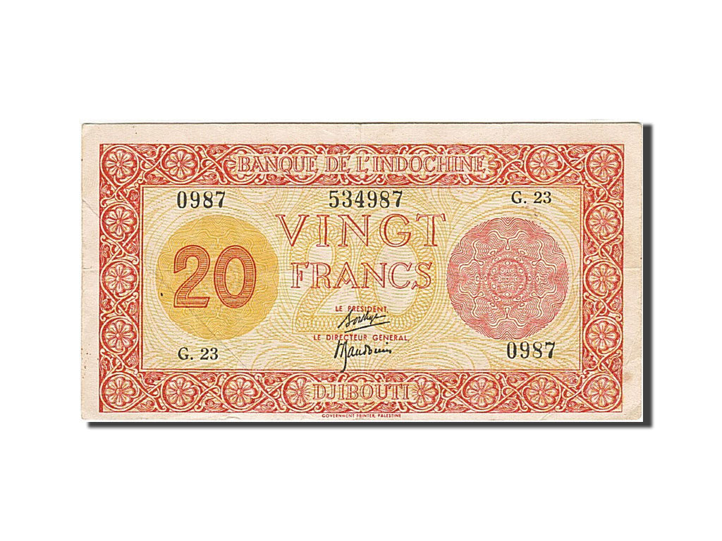 French Somaliland, 20 Francs, 1945, 1945-02-12, KM:15, EF(40-45)