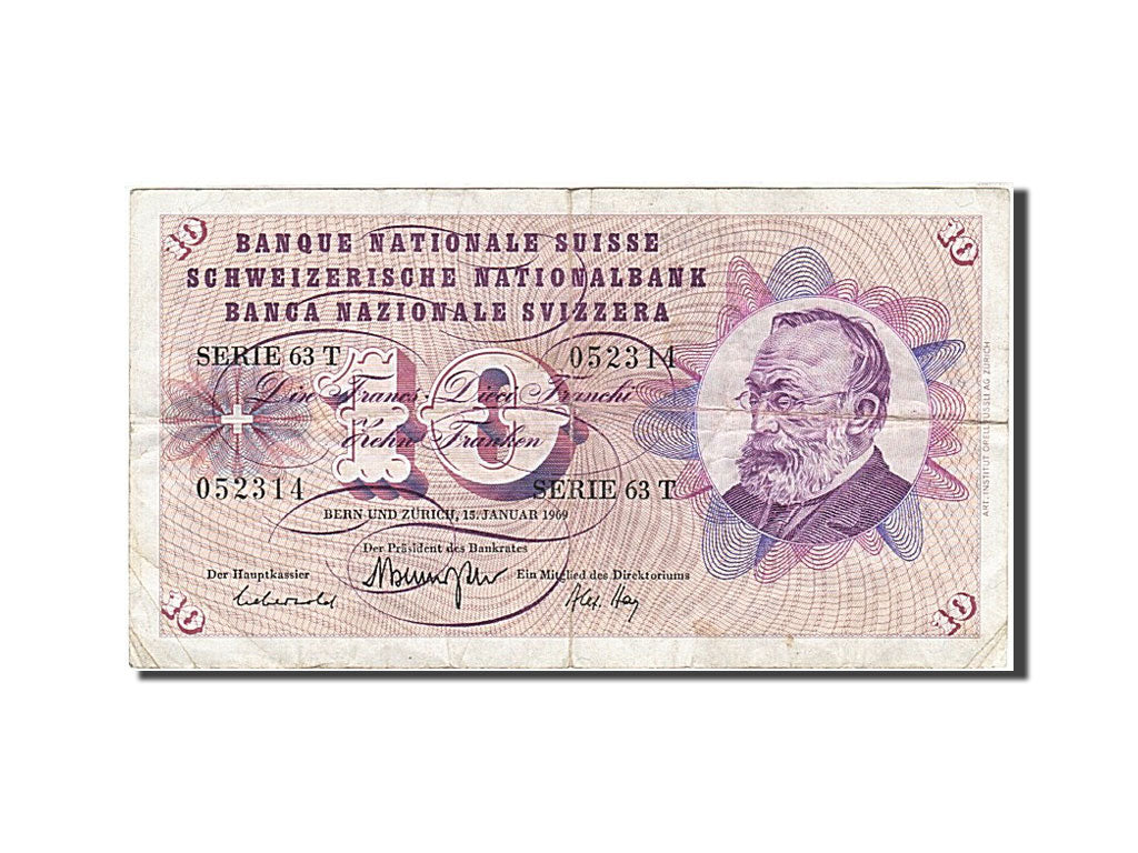 Switzerland, 10 Franken, 1954-1961, 1969-01-15, KM:45o, VF(20-25)