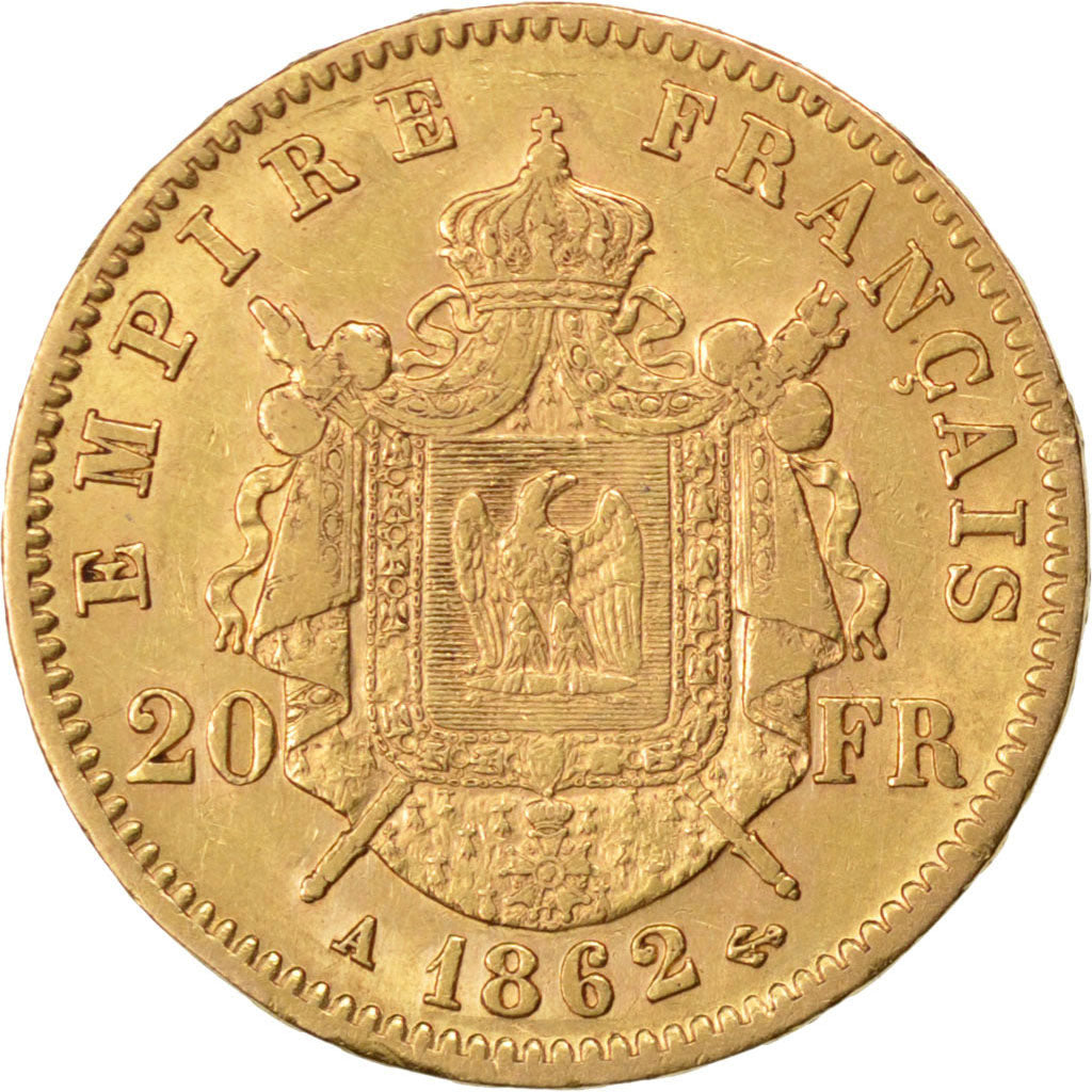 FRANCE, Napoléon III, 20 Francs, 1862, Paris, KM #801.1, EF(40-45), Gold, Gadour