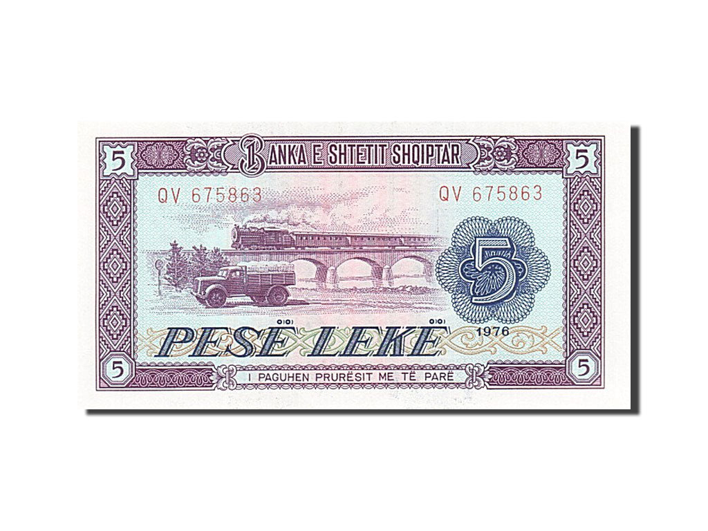 Geldschein, Albania, 5 Lekë, 1976, 1976, KM:42a, UNZ-