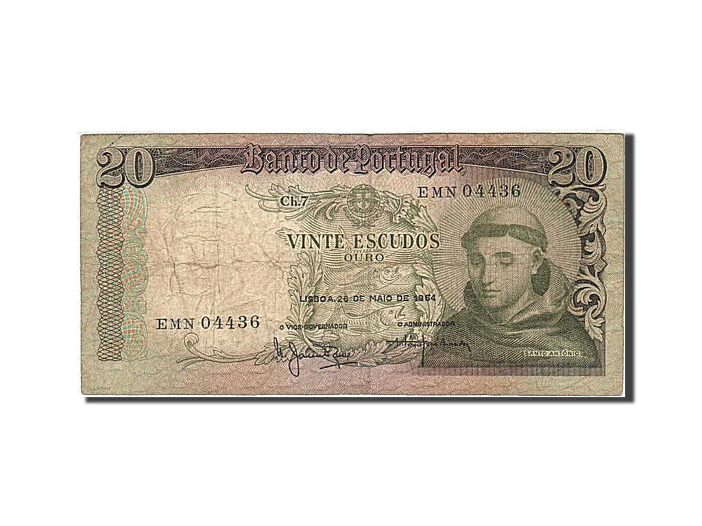 Portugal, 20 Escudos, 1964-1966, KM:167a, 1964-05-26, VG(8-10)