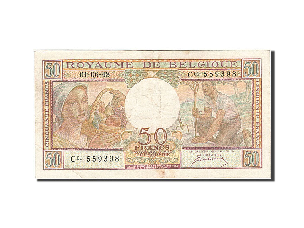 Belgium, 50 Francs, 1948-1950, KM:133a, 1948-06-01, EF(40-45)