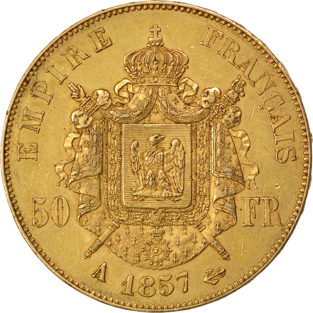 FRANCE, Napoléon III, 50 Francs, 1857, Paris, KM #785.1, AU(50-53), Gold, Gadour