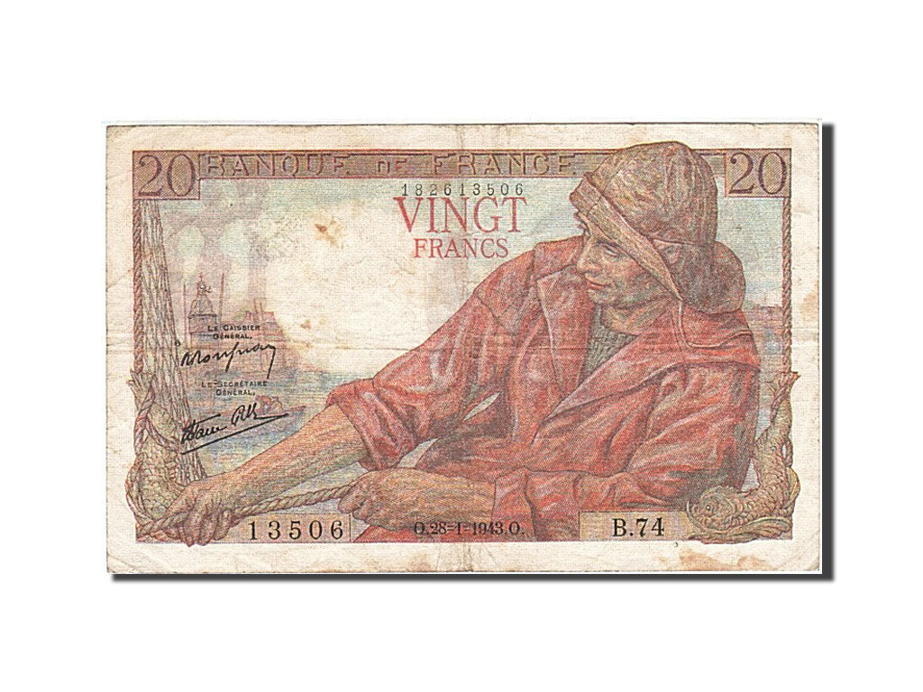 France, 20 Francs, 1942, KM:100a, 1943-01-28, VF(20-25), Fayette:13.5
