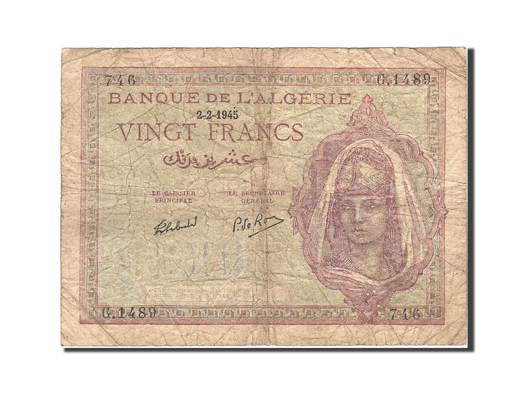 Algeria, 20 Francs, 1942-43, 1945-02-02, KM:92b, B+