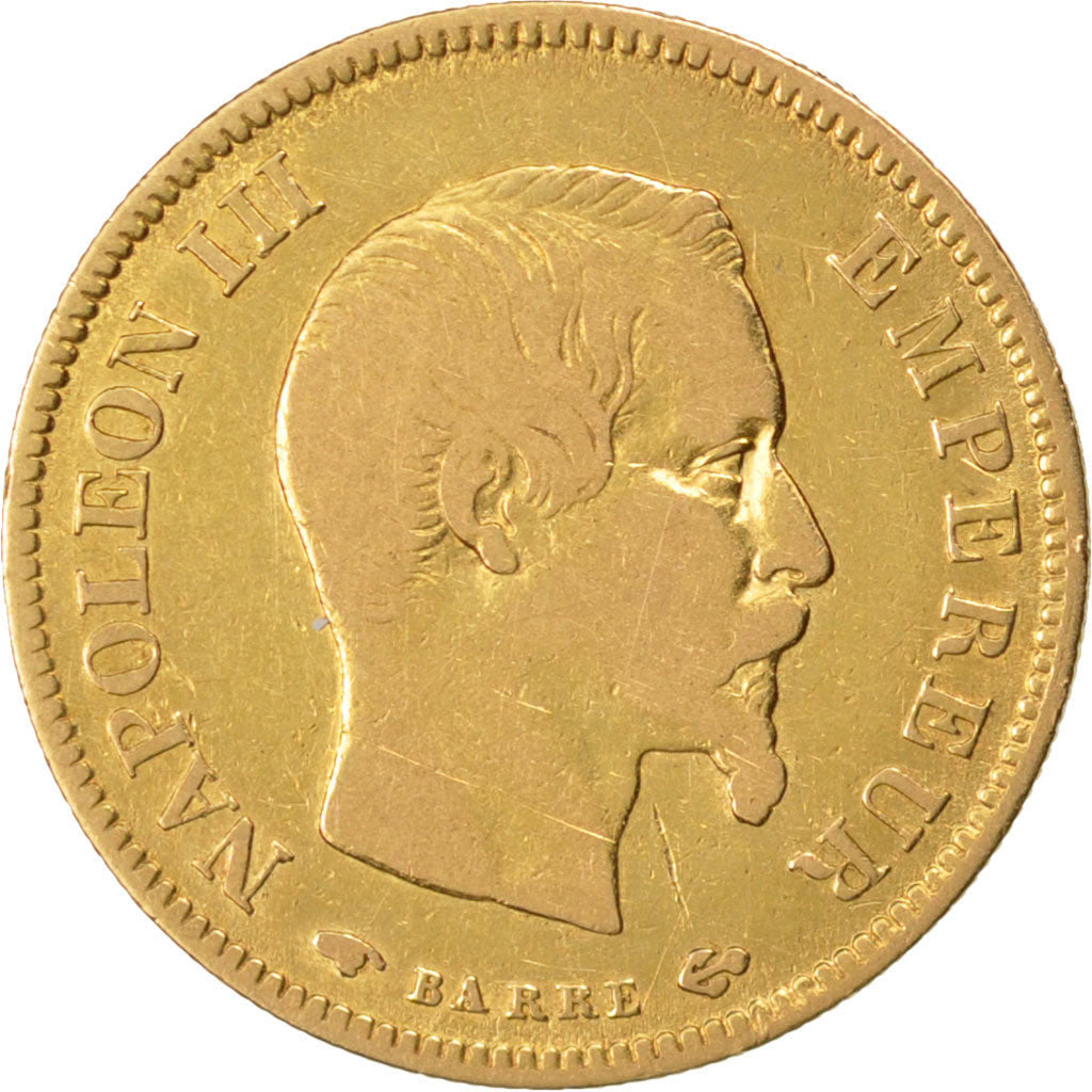 FRANCE, Napoléon III, 10 Francs, 1858, Paris, KM #784.3, VF(20-25), Gold, Gadour