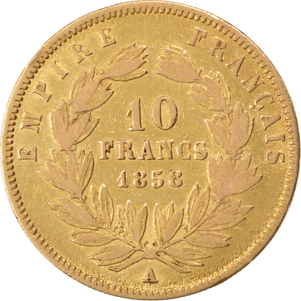 FRANCE, Napoléon III, 10 Francs, 1858, Paris, KM #784.3, VF(20-25), Gold, Gadour