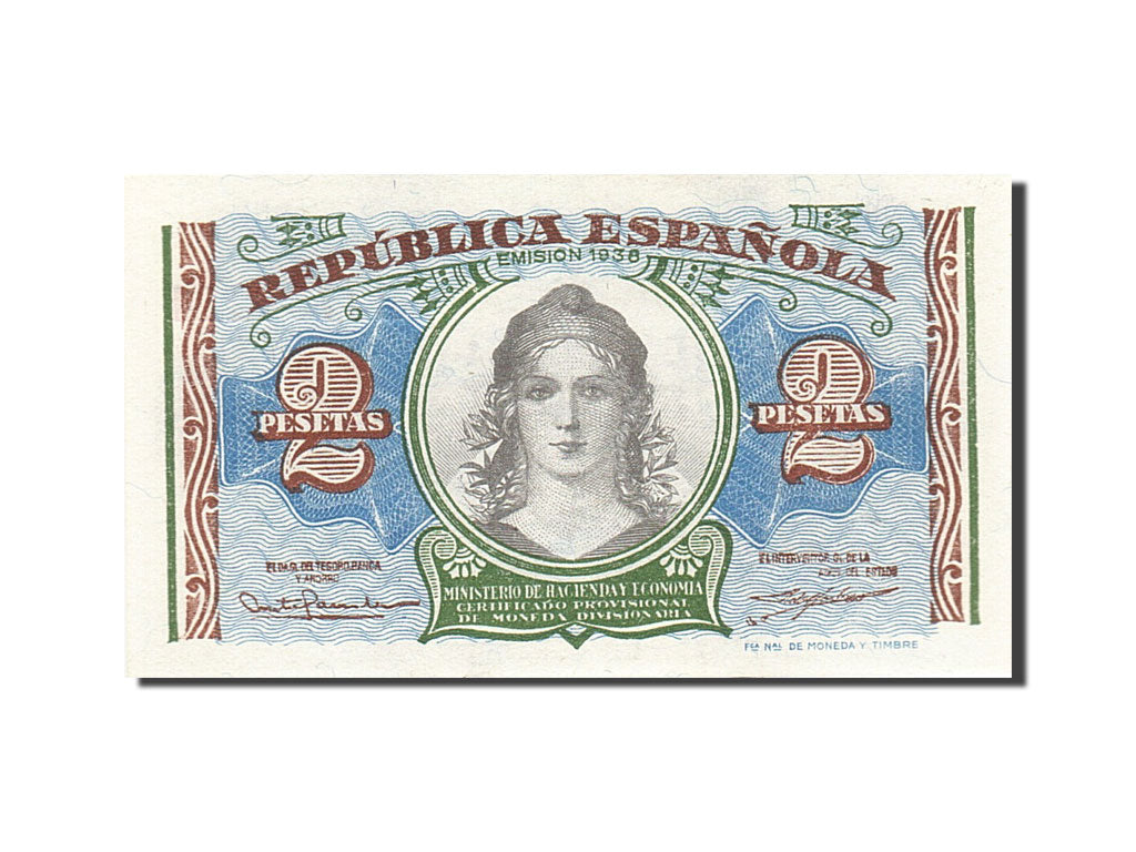 Spain, 2 Pesetas, 1937-1938, KM:95, 1938, UNC(63)
