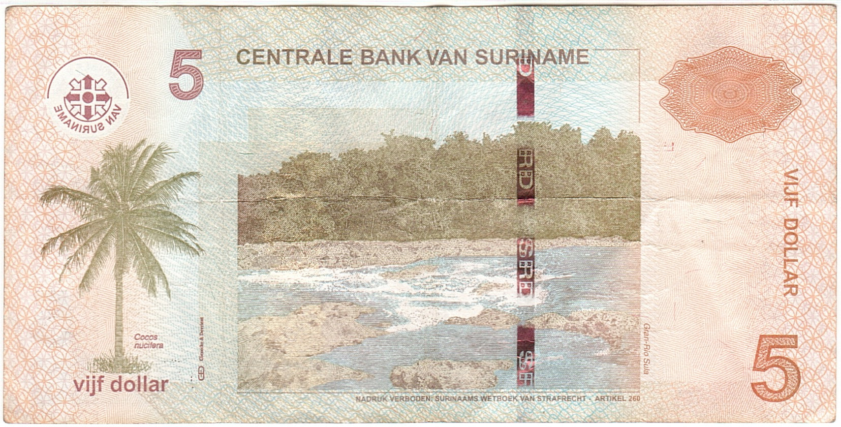 Suriname, 5 Dollars, 2012, 2012-04-01, VF(20-25)